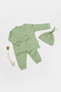 Set 3 piese:bluza, pantaloni si caciulita Printed, BabyCosy, 50% modal+50% bumbac, Verde - 1