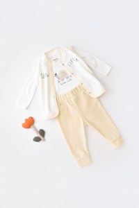 Set 3 piese Broscuta cu body, pantalonasi si vestuta din 80%bumbac organic si 20% poliester - Crem, BabyCosy - 1