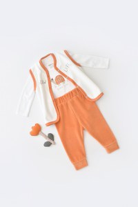 Set 3 piese Broscuta cu body, pantalonasi si vestuta din 80%bumbac organic si 20% poliester - Portocaliu, BabyCosy - 1