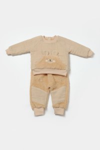 Set bluza cu buzunar si pantaloni Ursulet, Winter muselin, 100% bumbac dublat - Apricot, BabyCosy - 2