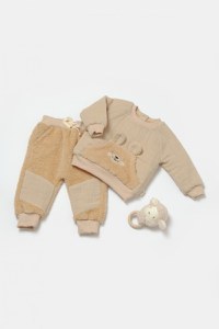 Set bluza cu buzunar si pantaloni Ursulet, Winter muselin, 100% bumbac dublat - Apricot, BabyCosy - 1