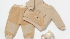 Set bluza cu buzunar si pantaloni Ursulet, Winter muselin, 100% bumbac dublat - Apricot, BabyCosy