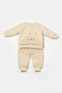 Set bluza cu buzunar si pantaloni Ursulet, Winter muselin, 100% bumbac dublat - Stone, BabyCosy - 3