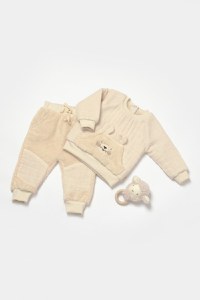 Set bluza cu buzunar si pantaloni Ursulet, Winter muselin, 100% bumbac dublat - Stone, BabyCosy - 1