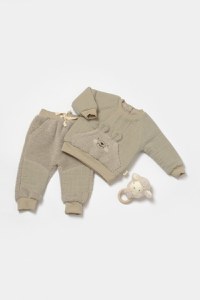 Set bluza cu buzunar si pantaloni Ursulet, Winter muselin, 100% bumbac dublat - Verde, BabyCosy - 1