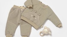 Set bluza cu buzunar si pantaloni Ursulet, Winter muselin, 100% bumbac dublat - Verde, BabyCosy