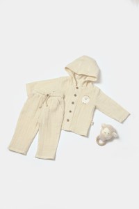 Set bluza cu gluga si pantaloni, Winter muselin, 100% bumbac - Stone, BabyCosy - 1