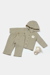 Set bluza cu gluga si pantaloni, Winter muselin, 100% bumbac - Verde, BabyCosy - 1