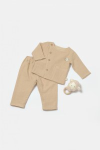 Set bluza cu nasturi si pantaloni , Winter muselin, 100% bumbac - Apricot, BabyCosy - 1