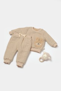 Set bluza dublata si pantaloni Ursulet, Winter muselin, 100% bumbac - Apricot, BabyCosy - 1