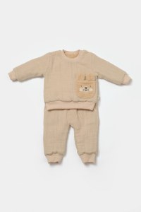 Set bluza dublata si pantaloni Ursulet, Winter muselin, 100% bumbac - Apricot, BabyCosy - 2