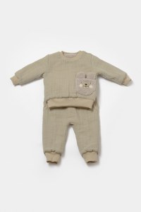 Set bluza dublata si pantaloni Ursulet, Winter muselin, 100% bumbac - Verde, BabyCosy - 2