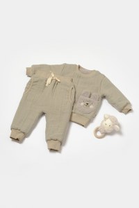 Set bluza dublata si pantaloni Ursulet, Winter muselin, 100% bumbac - Verde, BabyCosy - 1