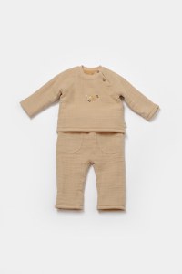 Set bluza dublata si pantaloni, Winter muselin, 100% bumbac - Apricot, BabyCosy - 2