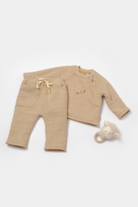 Set bluza dublata si pantaloni, Winter muselin, 100% bumbac - Apricot, BabyCosy - 1