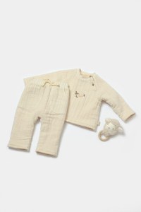 Set bluza dublata si pantaloni, Winter muselin, 100% bumbac - Stone, BabyCosy - 1