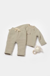 Set bluza dublata si pantaloni, Winter muselin, 100% bumbac - Verde, BabyCosy - 1