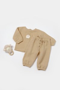 Set bluza si pantaloni, Winter muselin, 100% bumbac - Apricot, BabyCosy - 1