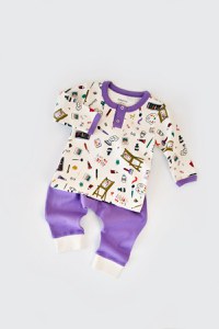 Set bluzita cu maneca lunga si nasturei si pantaloni lungi, 100% bumbac organic, BabyCosy, Mov - 1