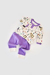 Set bluzita cu maneca lunga si nasturei si pantaloni lungi, 100% bumbac organic, BabyCosy, Mov - 2