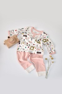 Set bluzita cu maneca lunga si nasturei si pantaloni lungi, 100% bumbac organic, BabyCosy, Pudra - 2