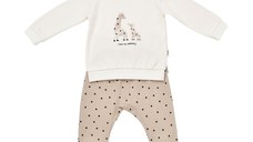 Set bluzita cu maneca lunga si pantaloni lungi cu buline Girafa, BabyCosy, 100% bumbac organic, Ecru