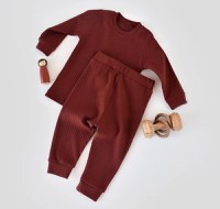 Set bluzita cu maneca lunga si pantaloni lungi din bumbac organic si 5% elastan - Caramiziu BabyCosy - 1