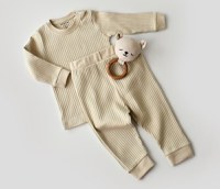 Set bluzita cu maneca lunga si pantaloni lungi din bumbac organic si 5% elastan - Crem, BabyCosy - 1