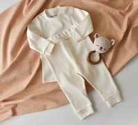 Set bluzita cu maneca lunga si pantaloni lungi din bumbac organic si 5% elastan - Ecru, BabyCosy - 1