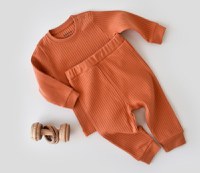 Set bluzita cu maneca lunga si pantaloni lungi din bumbac organic si 5% elastan - Portocaliu BabyCosy - 1