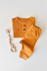 Set bluzita cu maneca lunga si pantaloni lungi din bumbac organic si modal - Mustar BabyCosy - 4