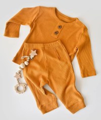 Set bluzita cu maneca lunga si pantaloni lungi din bumbac organic si modal - Mustar BabyCosy - 1