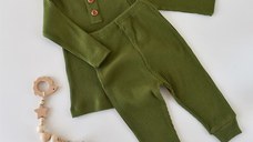 Set bluzita cu maneca lunga si pantaloni lungi din bumbac organic si modal - Verde BabyCosy