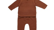 Set bluzita petrecuta si pantaloni lungi din muselina, BabyCosy, 100% bumbac organic, Caramiziu