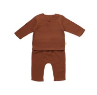 Set bluzita petrecuta si pantaloni lungi din muselina, BabyCosy, 100% bumbac organic, Caramiziu - 1