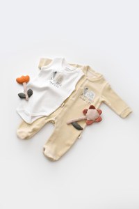 Set Broscuta cu salopeta si body din 80%bumbac organic si 20% poliester - Crem, BabyCosy - 2