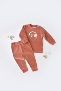 Set Curcubeu cu bluzita cu maneca lunga si pantaloni lungi din 80%bumbac organic si 20% poliester - Caramiziu, BabyCosy - 1