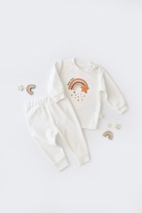 Set Curcubeu cu bluzita cu maneca lunga si pantaloni lungi din 80%bumbac organic si 20% poliester - Ecru, BabyCosy - 1