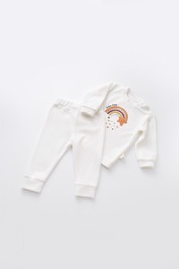 Set Curcubeu cu bluzita cu maneca lunga si pantaloni lungi din 80%bumbac organic si 20% poliester - Ecru, BabyCosy - 2