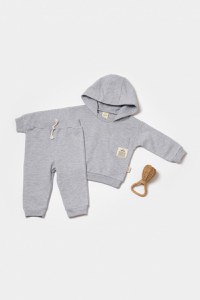 Set hanorac cu gluga si pantaloni, Two thread, 100%bumbac organic - Gri, BabyCosy - 1