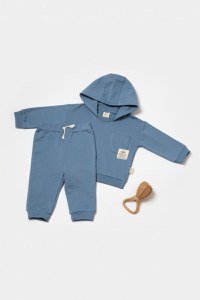 Set hanorac cu gluga si pantaloni, Two thread, 100%bumbac organic - Indigo, BabyCosy - 1