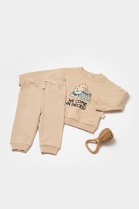 Set hanorac si pantaloni, Two thread, 100%bumbac organic - Stone, BabyCosy - 1