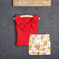 Set tricou rosu cu volanas si fusta cu floricele Drool - 2