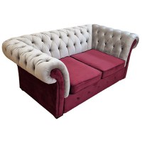 Canapea Fixa Chesterfield, 200x100x75cm, 2 locuri, Velutto 02 Beige & 07 Dark Red, Glasspandoor - 2