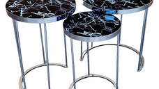 Set 3 masute Marbel, Black Shine Marble, Glasspandoor