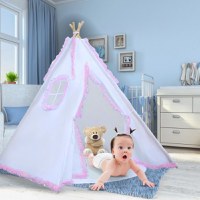 Cort de joaca pentru copii, cort teepee, stil indian, Empria, 110x110x110 cm, Alb Roz - 1