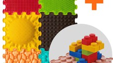 PACHET: Set 16 piese Blocuri de constructie 3D + Set 6 Covorase ortopedice si senzoriale, puzzle