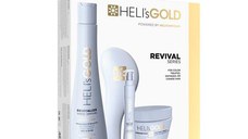 Kit de Ingrijire pentru Parul Uscat, Deteriorat sau Vopsit - Heli's Gold Revival Series Intro Kit: Sampon Revitalize 300 ml, Masca Restructure 100 ml, Ser Crystal Cream 30 ml, 1 Perie Tangle-Free