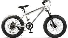 Bicicleta Copii Fat Bike Velors Hercules V2019B 20inch, Schimbator spate Shimano Tourney, Manete schimbator Shimano Rotative, Roti 20 inch, Frane Mecanice Disc, 7 viteze, Argintiu/Albastru