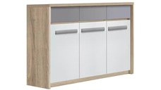 Comoda ROMA 12, cu usa si 3 sertare, corp PAL stejar sonoma, fronturi MDF gri mat + alb lucios, 135x43x104 cm